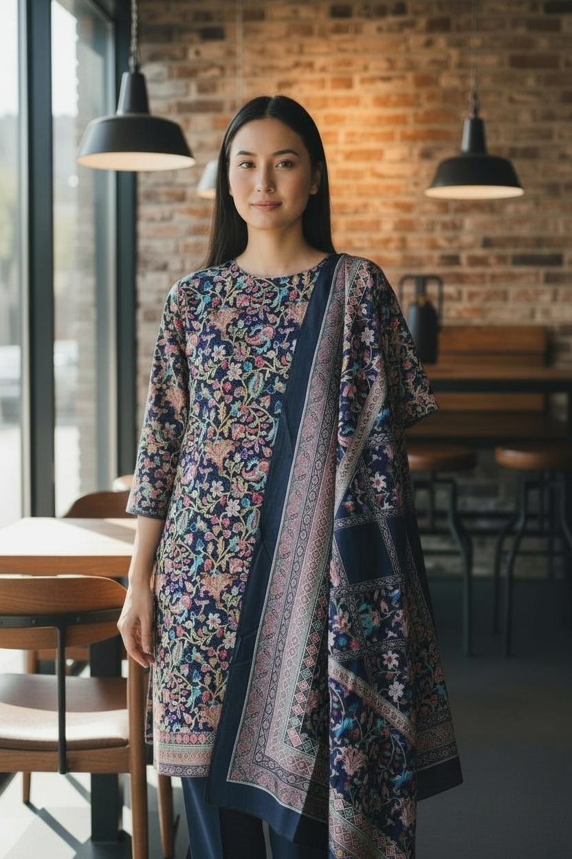 (NAVY BLUE)Winter Wear- Premium Pashmina Kurta Set with Digital Prints & All-Over Embroidery