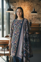 (NAVY BLUE)Winter Wear- Premium Pashmina Kurta Set with Digital Prints & All-Over Embroidery