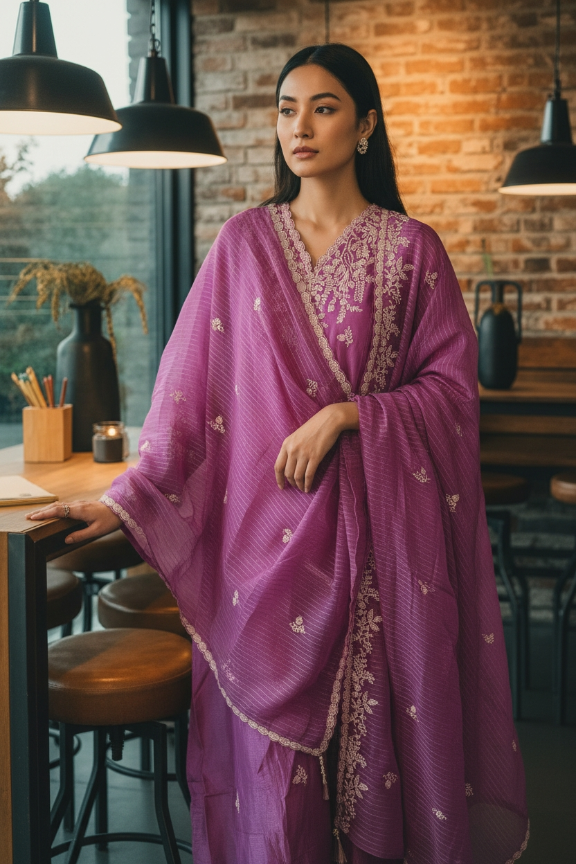 Festive Muslin Shimmer Zardosi Work Un-Stitched Suit Set