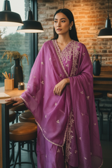 Festive Muslin Shimmer Zardosi Work Un-Stitched Suit Set