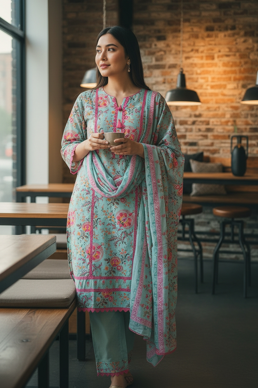 Cotton Pakistani Style Un-Stitched Suit with Crochet Lacing & Printed Dupatta
