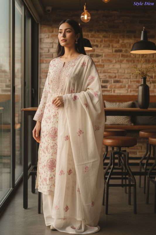 Elegant Pure Cotton Thread Embroidered Un-Stitched Suit with Pearl Work and Cotton Dupatta