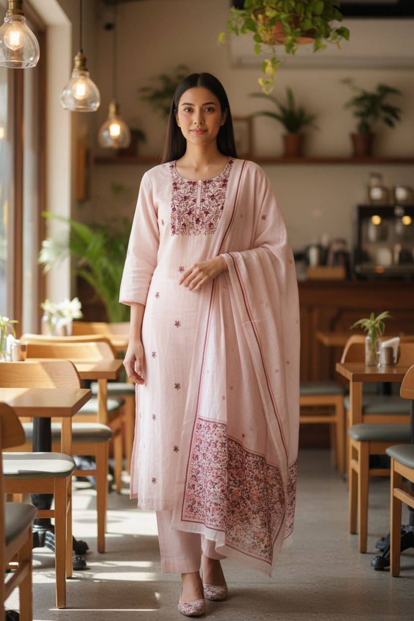 Linen Printed Kurta Set with Knot Work Highlights & Digital Print Dupatta