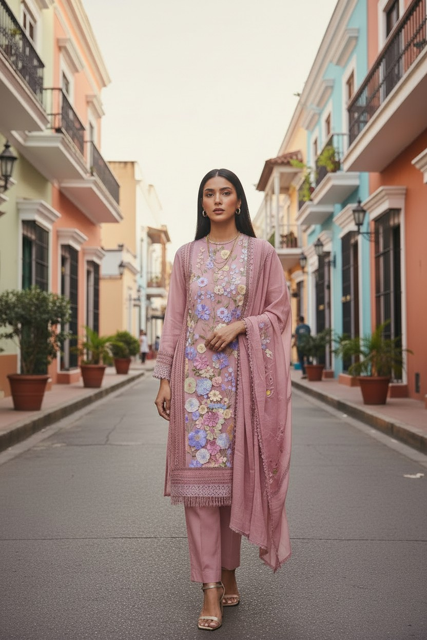 Cotton  Linen  3D Embroidery Patch Work  UnStitched Suit