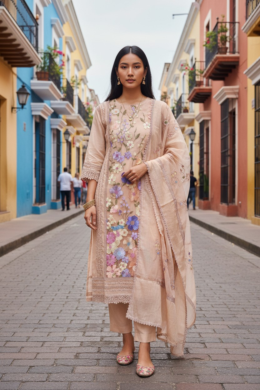 Cotton  Linen  3D Embroidery Patch Work  UnStitched Suit