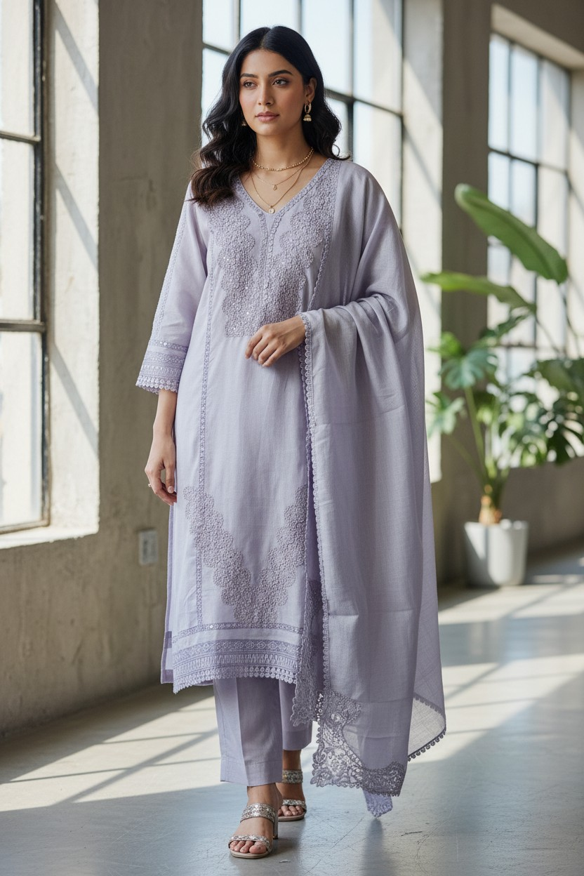 Designer Khadi Cotton Pakistani Crochet Lacing Un-Stitched Suit Set