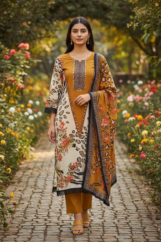 Muslin Digital Printed Semi-Stitched Suit with Mirror Work & Croatia Lacing