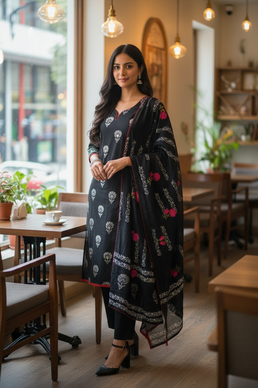 Cotton Printed Suit with Faux Mirror & Embroidery | Unstitched Beauty