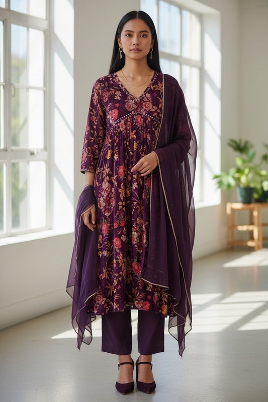 Elegant Aaliya Cut Chinnon Handwork Kurta Set with Chiffon Dupatta – 3-Piece Fully Stitched Suit