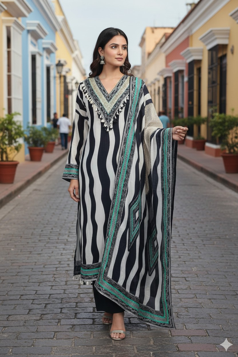 Muslin Digital Printed Un-Stitched Festive Suit with Zari & Swarovski Work
