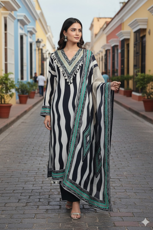 Muslin Digital Printed Un-Stitched Festive Suit with Zari & Swarovski Work