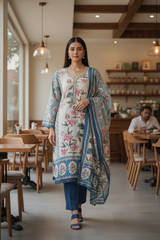 Muslin Digital Print Semi-Stitched Suit with Crochet Lacing & Sequence Cut-Dana Work