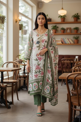 Muslin Digital Print Semi-Stitched Suit with Crochet Lacing & Sequence Cut-Dana Work