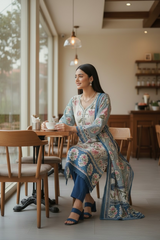 Muslin Digital Print Semi-Stitched Suit with Crochet Lacing & Sequence Cut-Dana Work