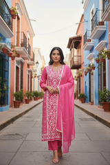 Muslin Digital Print Kurta with Crochet Lacing & Pearl Highlight Unstitched Suit