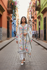 Muslin Digital Print Semi-Stitched Suit with Crochet Lacing & Sequence Cut-Dana Work