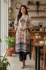 Muslin Digital Printed Semi-Stitched Suit with Crochet Lacing and Zari Highlighting