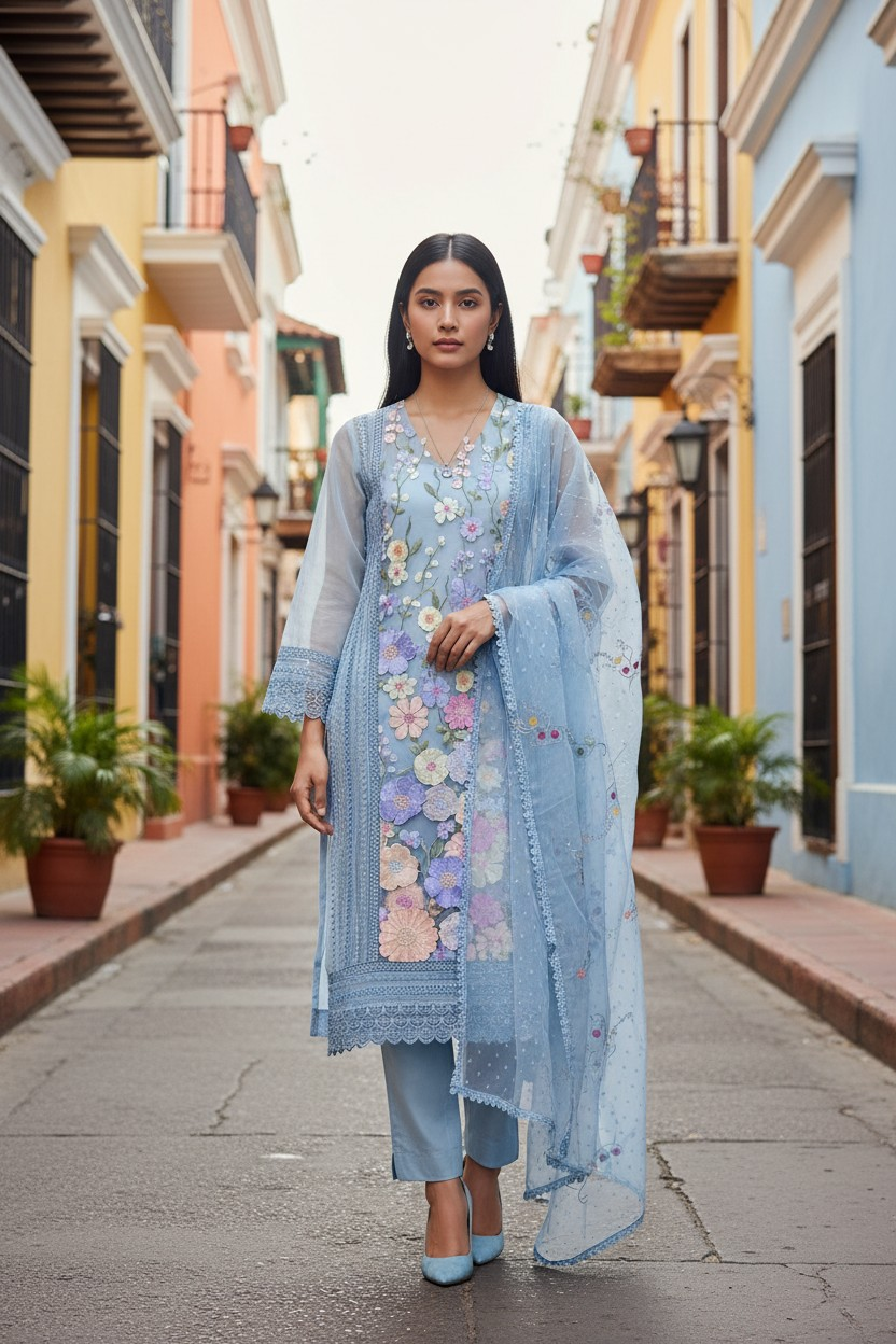 Organza 3D Embroidery Patch Work Unstitched Suit with Embroidered Dupatta