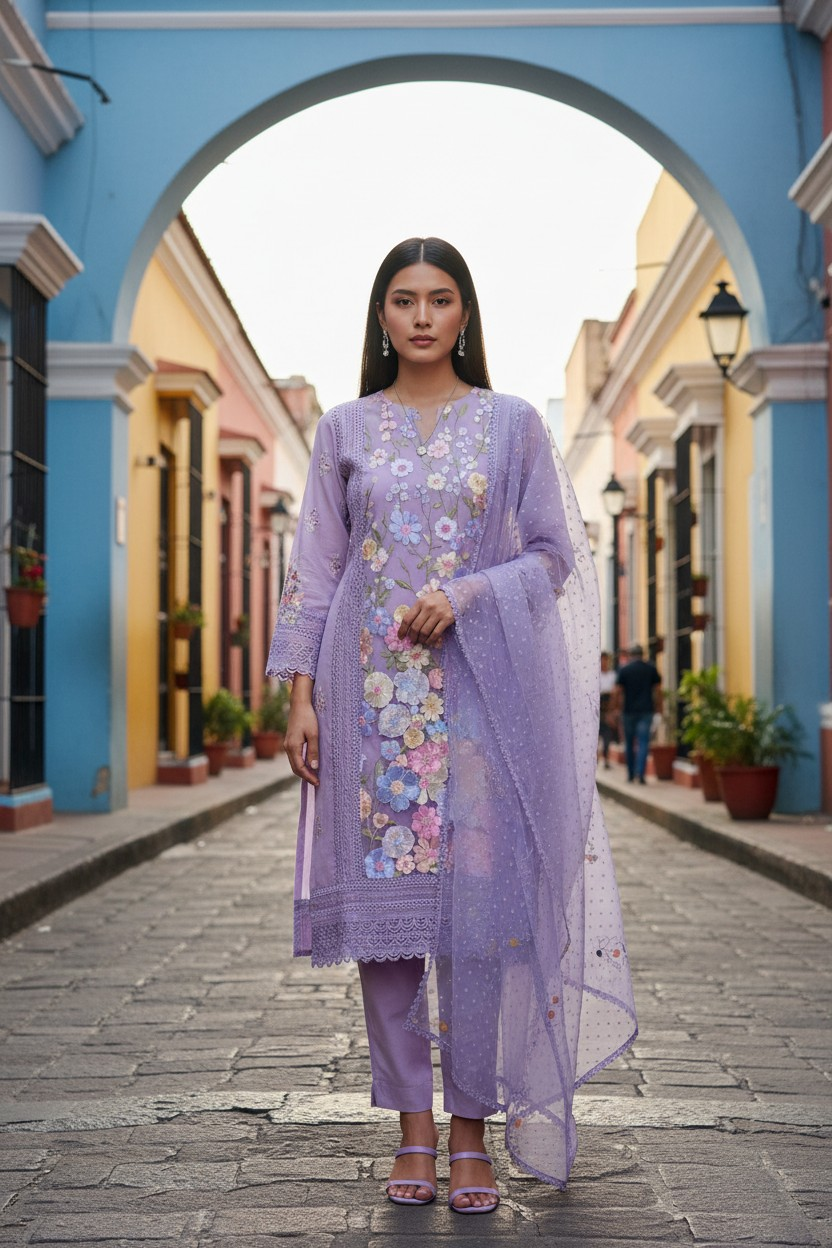 Organza 3D Embroidery Patch Work Unstitched Suit with Embroidered Dupatta