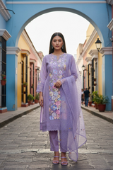 Organza 3D Embroidery Patch Work Unstitched Suit with Embroidered Dupatta