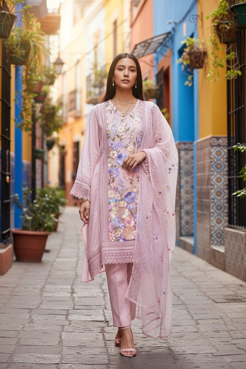 Organza 3D Embroidery Patch Work Unstitched Suit with Embroidered Dupatta