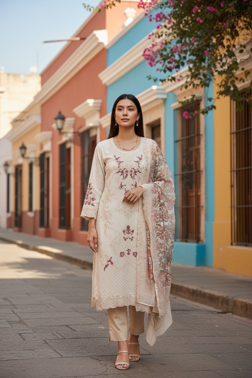 Premium Georgette Embroidered Unstitched Suit With Digital Print Dupatta