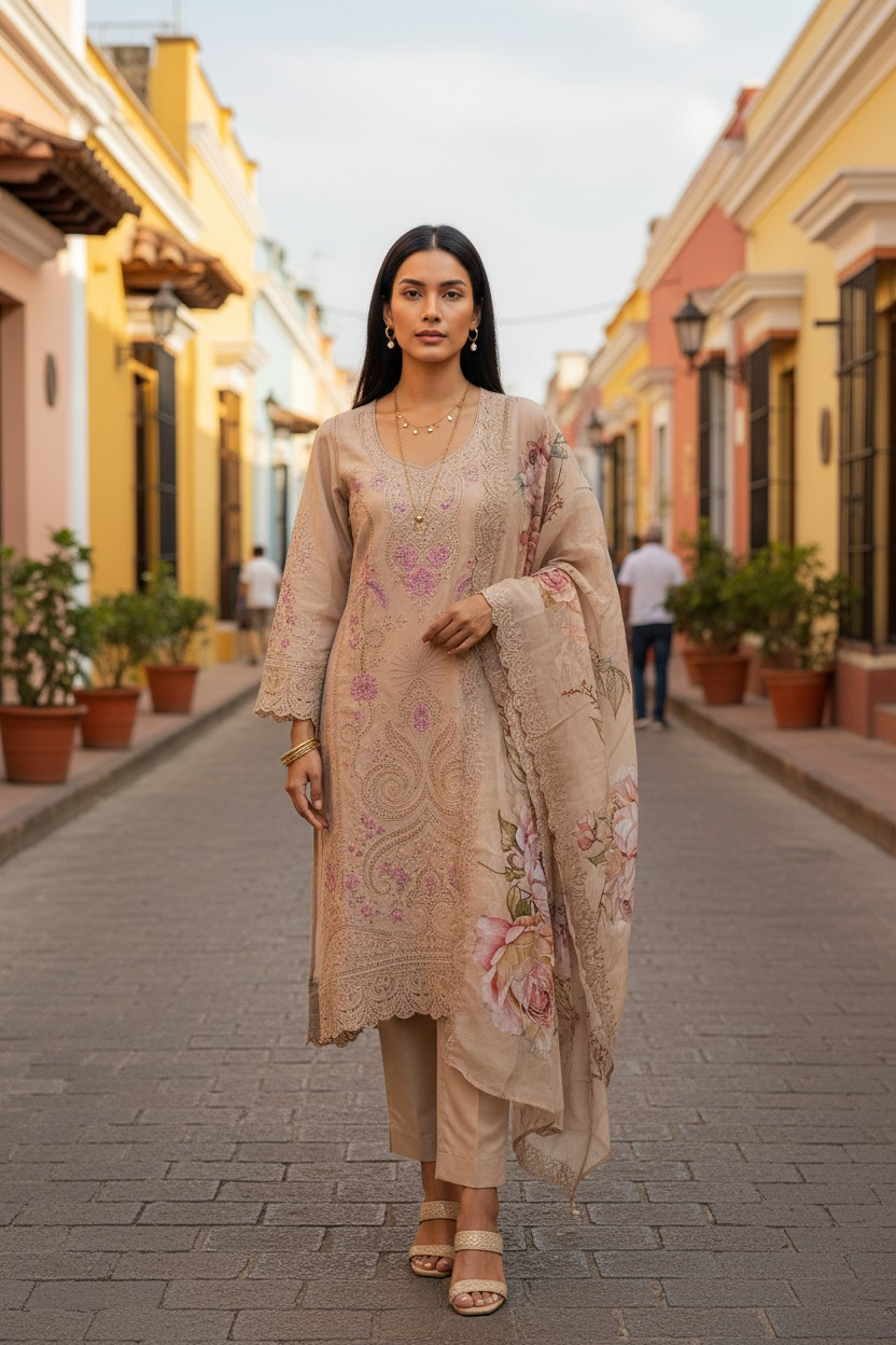 Premium Georgette Embroidered Unstitched Suit With Digital Print Dupatta