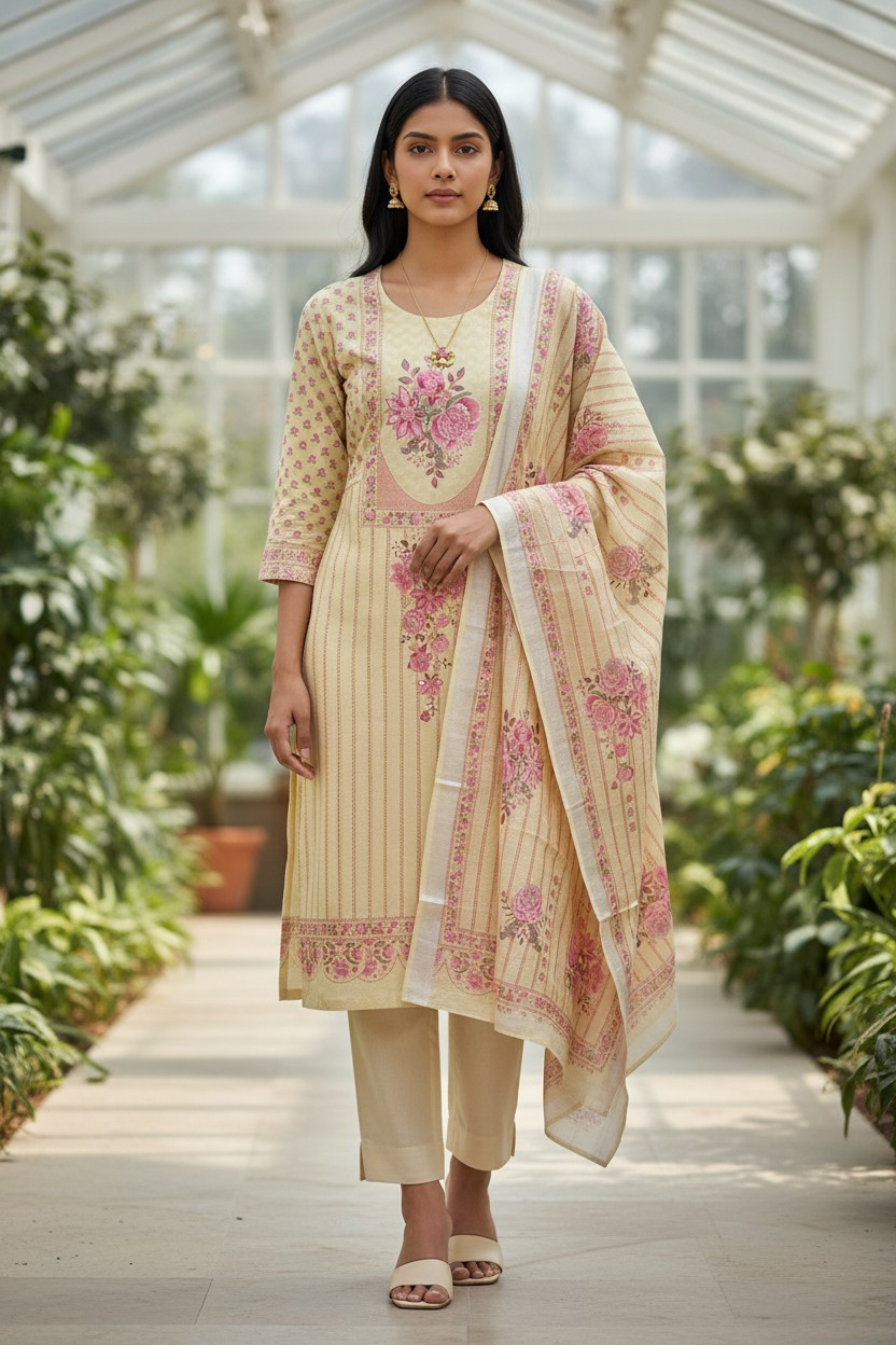 Linen Digital Printed Un-Stitched Suit with Sequin Highlighting and Linen Dupatta