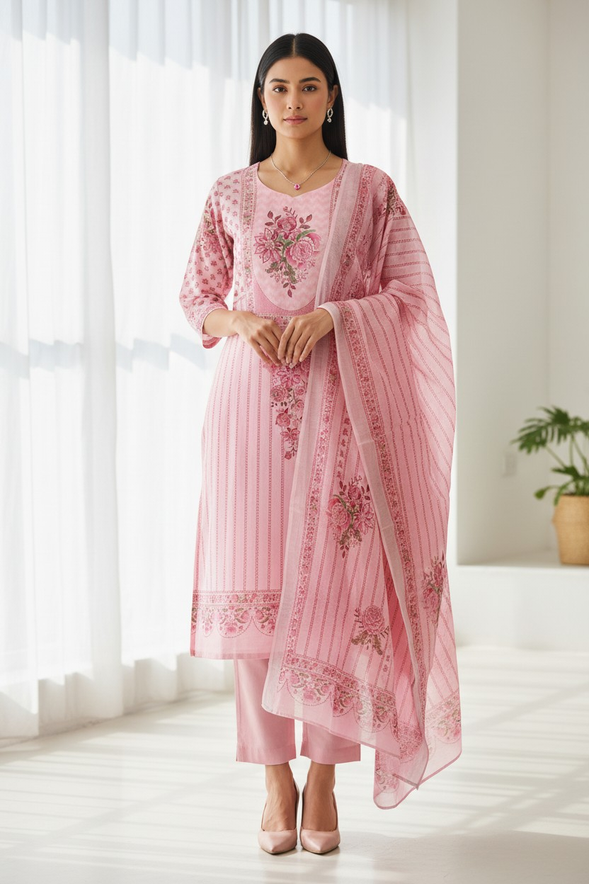 Linen Digital Printed Un-Stitched Suit with Sequin Highlighting and Linen Dupatta
