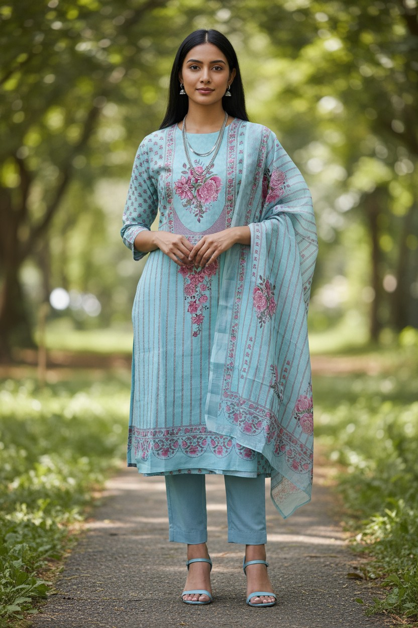 Linen Digital Printed Un-Stitched Suit with Sequin Highlighting and Linen Dupatta