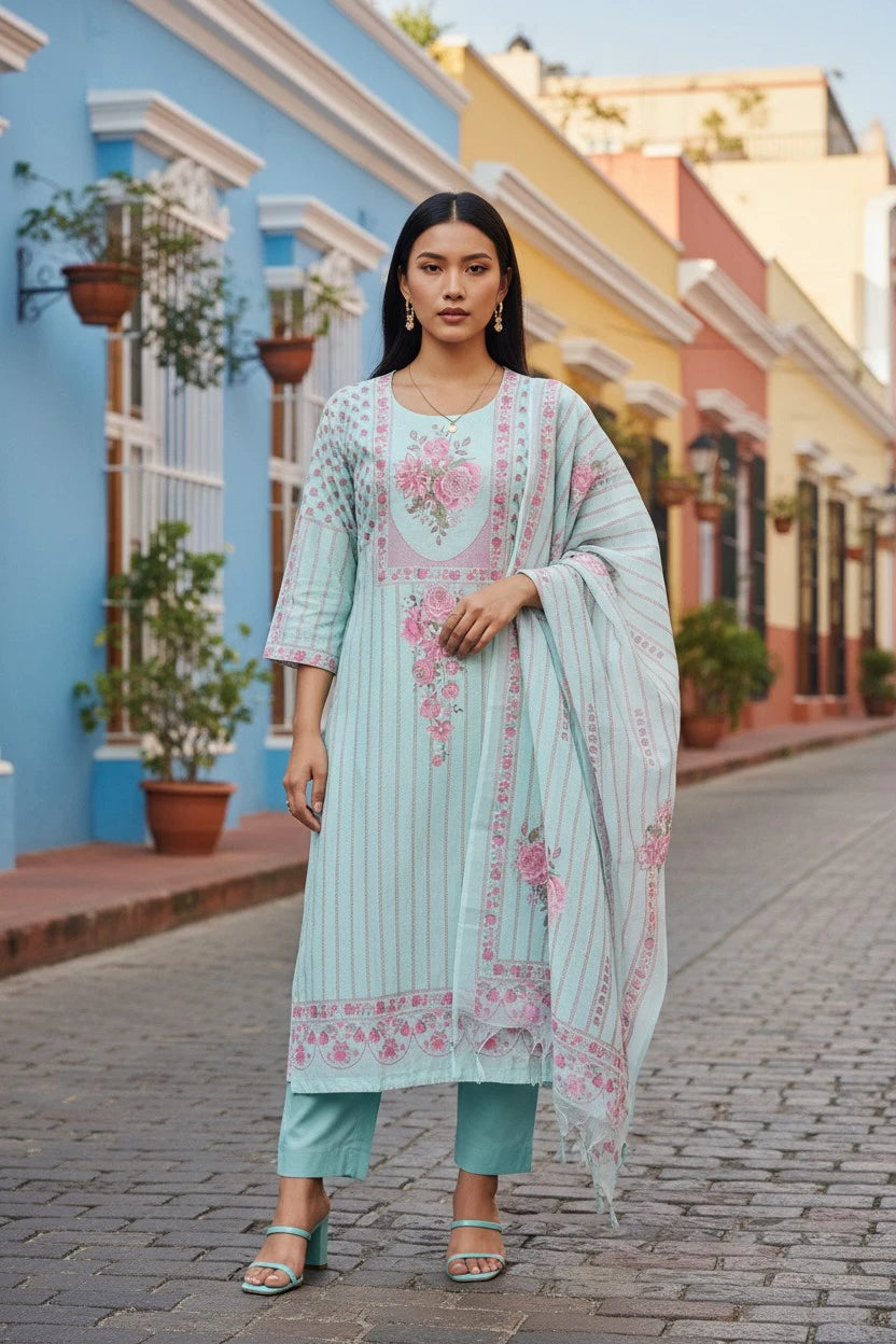 Linen Digital Print Unstitched Suit Set  with Pearl Highlighting