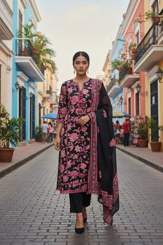 Pure Cotton Printed Unstitched Suit with Crochet Lacing and Mul Cotton Dupatta