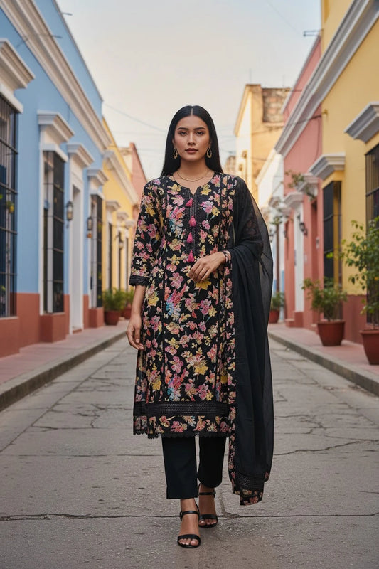 Pure Cotton Kantha Work and Crochet Lace Unstitched Suit with Mul Dupatta