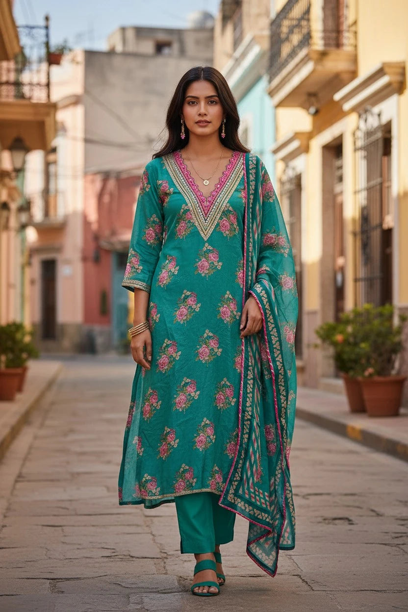 Muslin Digital Print Suit with Sequin & Mirror Neck Work – Unstitched Set