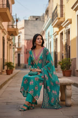 Muslin Digital Print Suit with Sequin & Mirror Neck Work – Unstitched Set