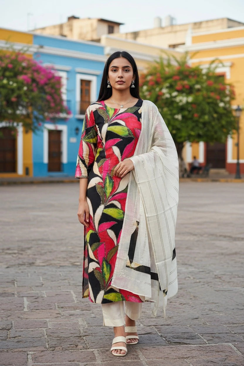 Cotton Faux Mirror Work Unstitched Suit with Gotta Work Dupatta