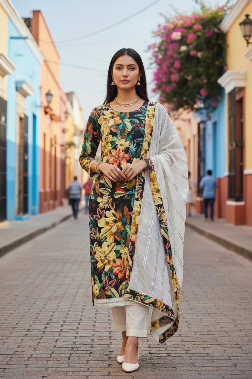 Cotton Faux Mirror Work Unstitched Suit with Gotta Work Dupatta