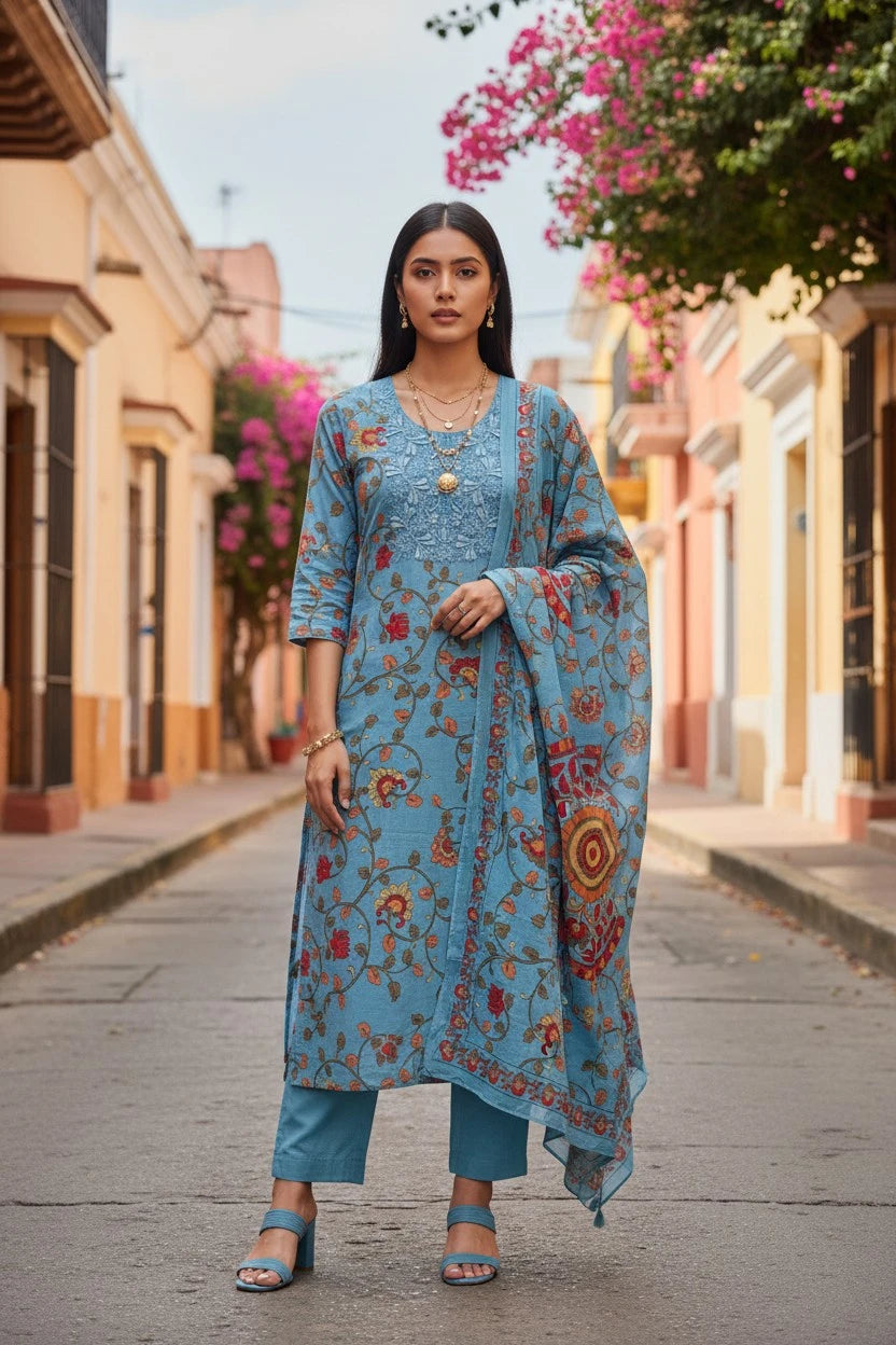 Pure Mul Cotton Chikankari Work Un-Stitched Suit with Digital Print Dupatta
