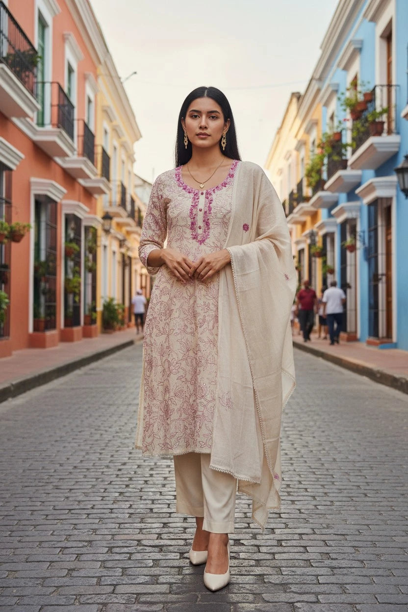 Soft Mul Chanderi Kantha Work Un-Stitched Suit with Crochet Lace Dupatta