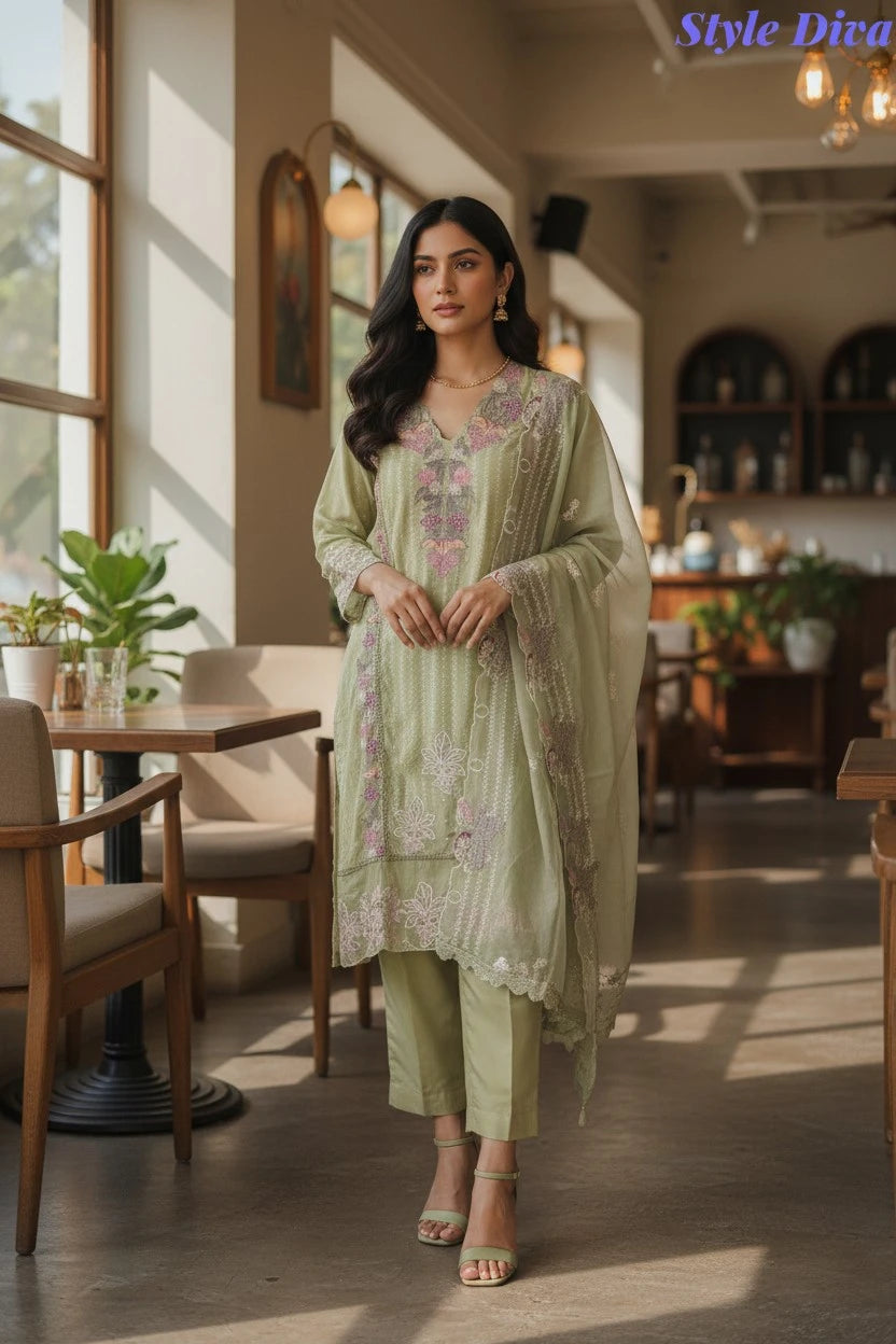 Designer - Organza Embroidery Un Stitched Suit with Crochet Lace Dupatta