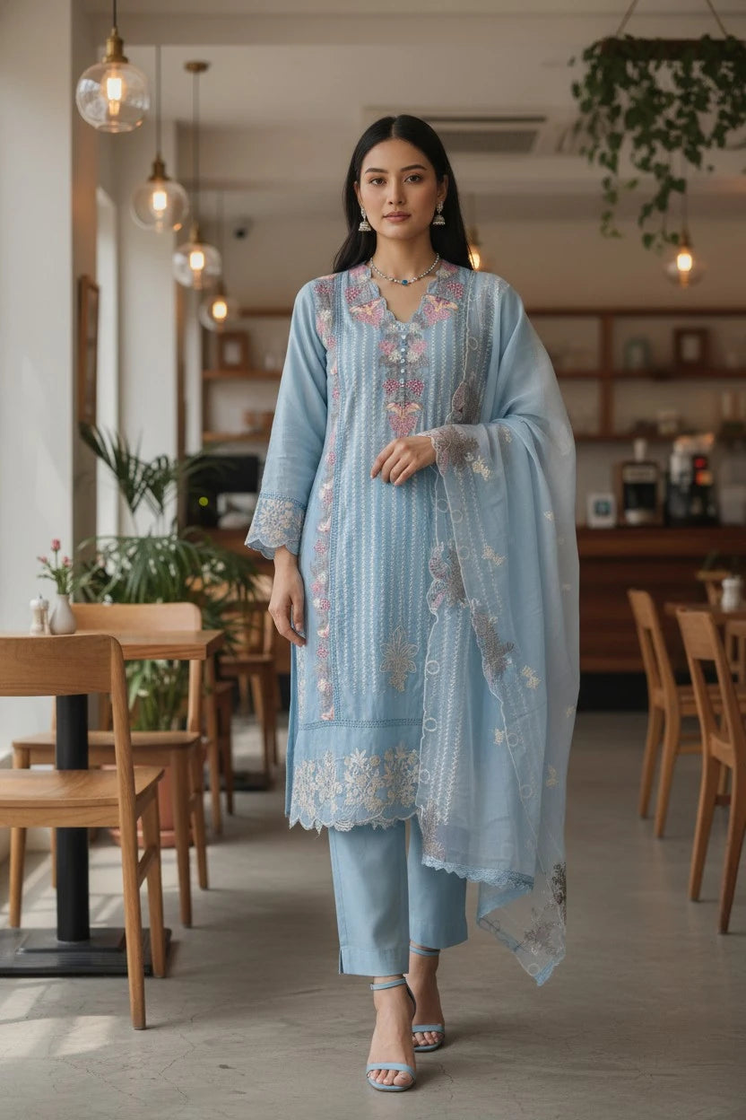 Designer - Organza Embroidery Un Stitched Suit with Crochet Lace Dupatta