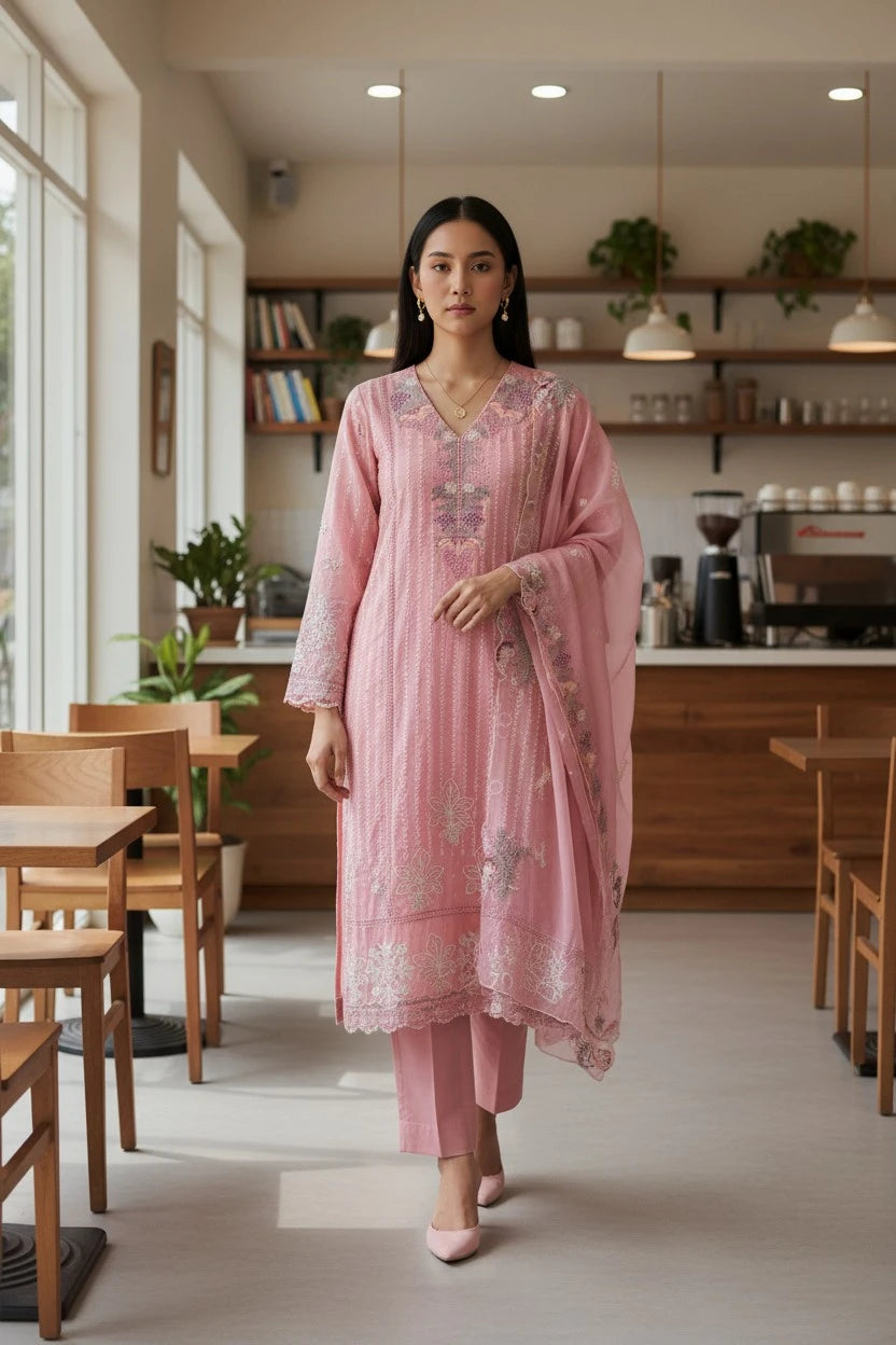 Designer - Organza Embroidery Un Stitched Suit with Crochet Lace Dupatta