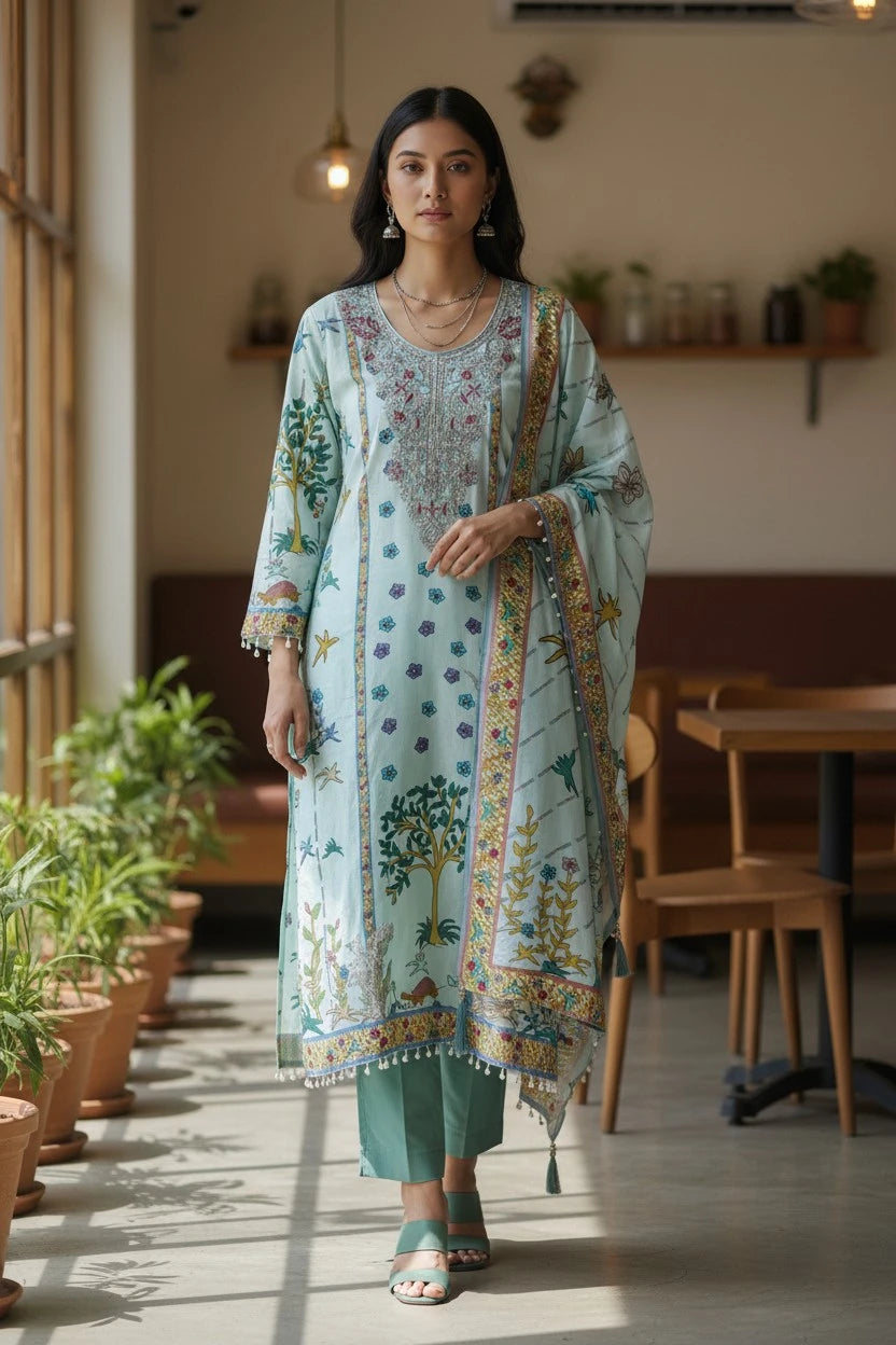 LIGHT BLUE - Muslin Digital Print Semi-Stitched Suit with Pearl and Zari Work Patch Dupatta