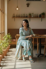 LIGHT BLUE - Muslin Digital Print Semi-Stitched Suit with Pearl and Zari Work Patch Dupatta