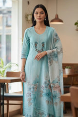 Linen Digital Print Thread Embroidery Unstitched Suit with Tassel Dupatta
