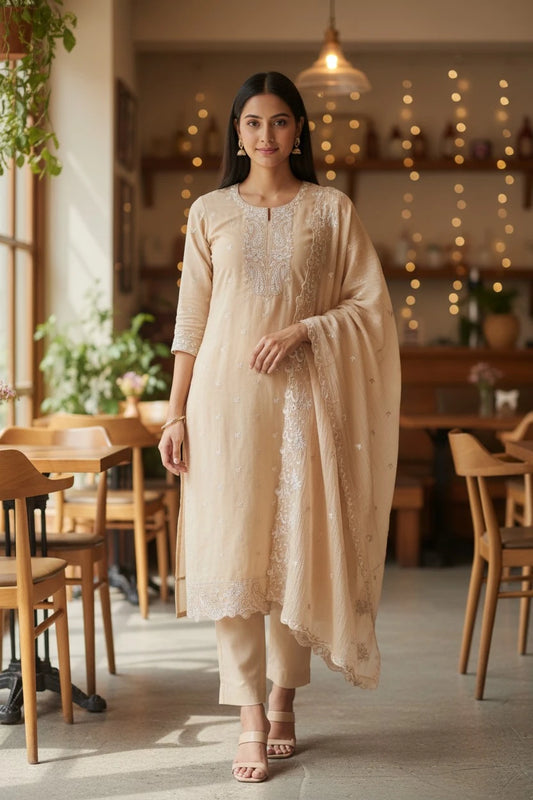Mul Chanderi Thread Embroidery Unstitched Suit (3 Pc Set) with Scalloped Dupatta