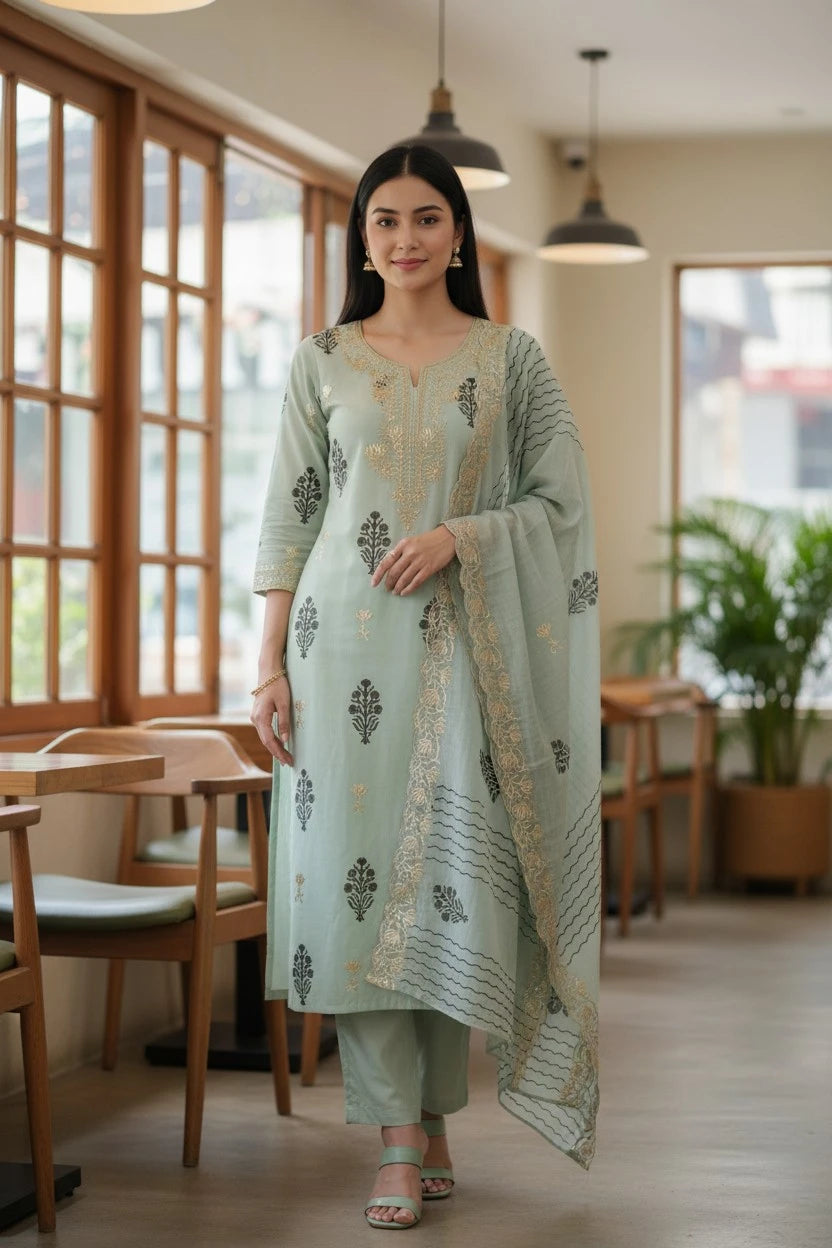 (Light Green)- Crush Mul Cotton Block Print Unstitched Suit with Pita Embroidery Detailing