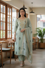 (Light Green)- Crush Mul Cotton Block Print Unstitched Suit with Pita Embroidery Detailing