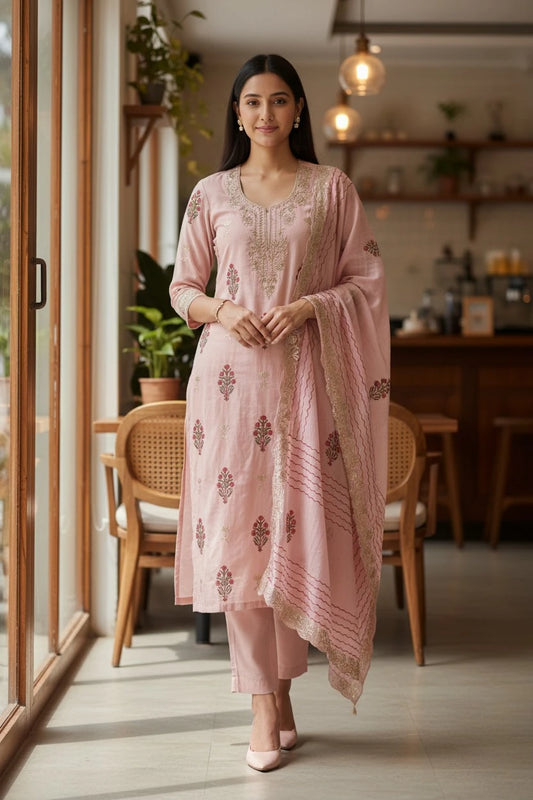 (Light Pink)- Crush Mul Cotton Block Print Unstitched Suit with Pita Embroidery Detailing