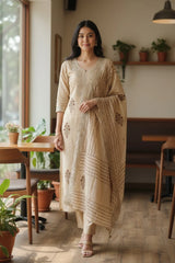 (Light Yellow)- Crush Mul Cotton Block Print Unstitched Suit with Pita Embroidery Detailing